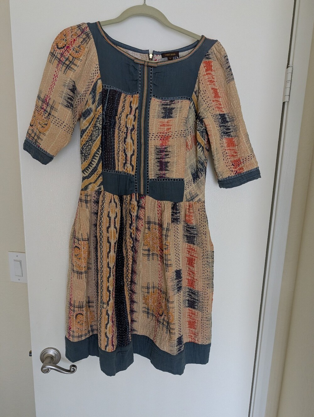 Vineet Bahl Vanga VTG Quilted Dress L Kantha Boho Patchwork Midi